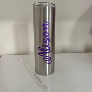 NIB Alison 30 oz Metal Tumbler with Sparkly Purple Script and Straw